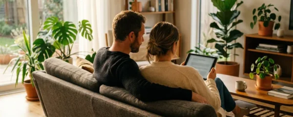 Couple trentenaire vu de trois-quarts dos, assis sur un canapé moderne, consultant ensemble une tablette dans un salon lumineux avec des plantes vertes