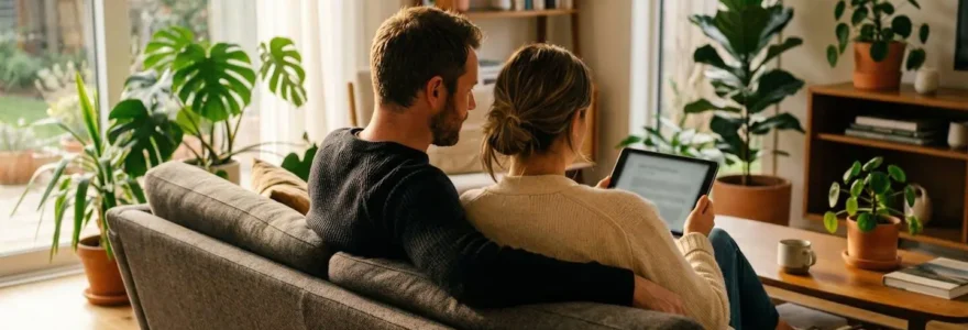Couple trentenaire vu de trois-quarts dos, assis sur un canapé moderne, consultant ensemble une tablette dans un salon lumineux avec des plantes vertes