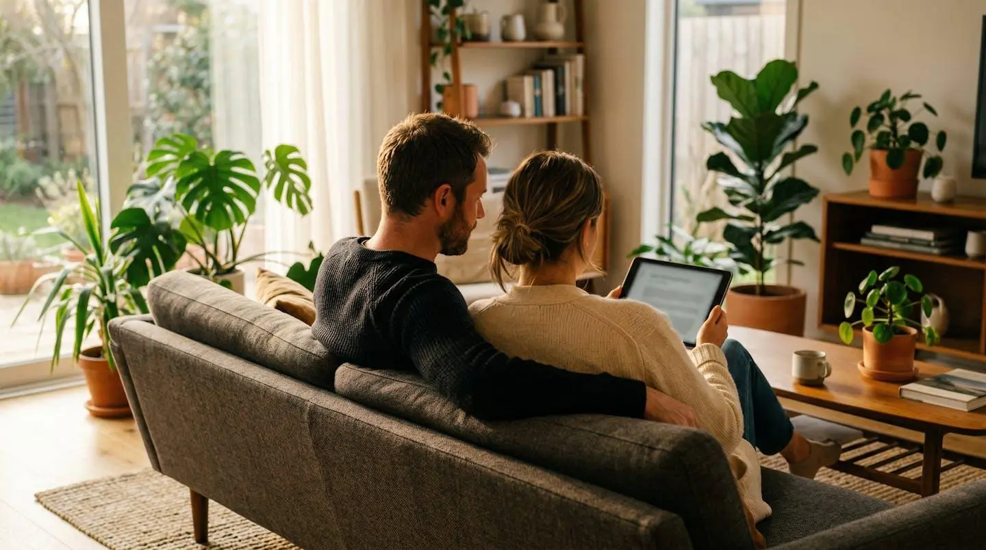 Couple trentenaire vu de trois-quarts dos, assis sur un canapé moderne, consultant ensemble une tablette dans un salon lumineux avec des plantes vertes