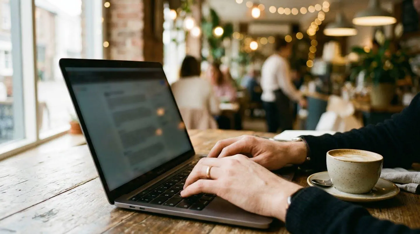 Mains tapant sur un clavier d'ordinateur portable dans un café moderne avec une tasse de café à côté et lumière naturelle de fenêtre