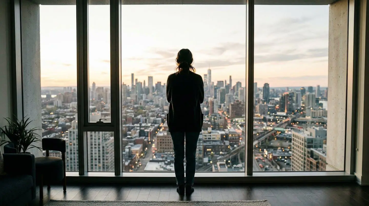 Silhouette d'une personne de dos devant une grande fenêtre moderne regardant un paysage urbain avec contre-jour doux dans un appartement épuré